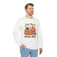 Printify eco-friendly autumn sweatshirt on male model featuring pumpkins sunflower mug and Cozy Vibes and Autumn Skies design