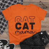 Orange eco-friendly cat mom shirt with bold black CAT CAT mama print laid flat with jeans and sneakers
