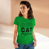 Woman modeling eco-friendly cat mom shirt green tee with CAT CAT mama print and jeans