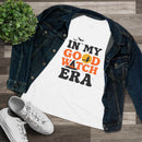 eco friendly halloween t shirt women white raglan tee printed In My Good Witch Era witch graphic with denim jacket and sneakers