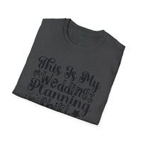 Printify folded charcoal T shirt featuring script This Is My Wedding Planning Shirt design eco-friendly wedding planning shirt