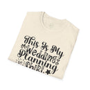 Printify cream folded T shirt with black script reading This Is My Wedding Planning Shirt eco-friendly wedding planning shirt