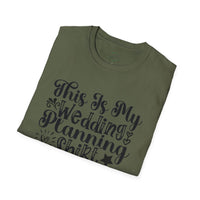 Printify olive green folded t shirt with black script reading This Is My Wedding Planning Shirt eco-friendly wedding planning shirt