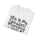 Printify white folded t shirt with black script reading This Is My Wedding Planning Shirt eco-friendly wedding planning shirt