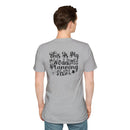 Man wearing heather gray T shirt with black script This Is My Wedding Planning Shirt on back eco-friendly wedding planning shirt