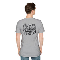 Man wearing heather gray T shirt with black script This Is My Wedding Planning Shirt on back eco-friendly wedding planning shirt