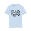 Light blue tee with black script This Is My Wedding Planning Shirt with small hearts and star eco-friendly wedding planning shirt