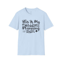 Light blue tee with black script This Is My Wedding Planning Shirt with small hearts and star eco-friendly wedding planning shirt