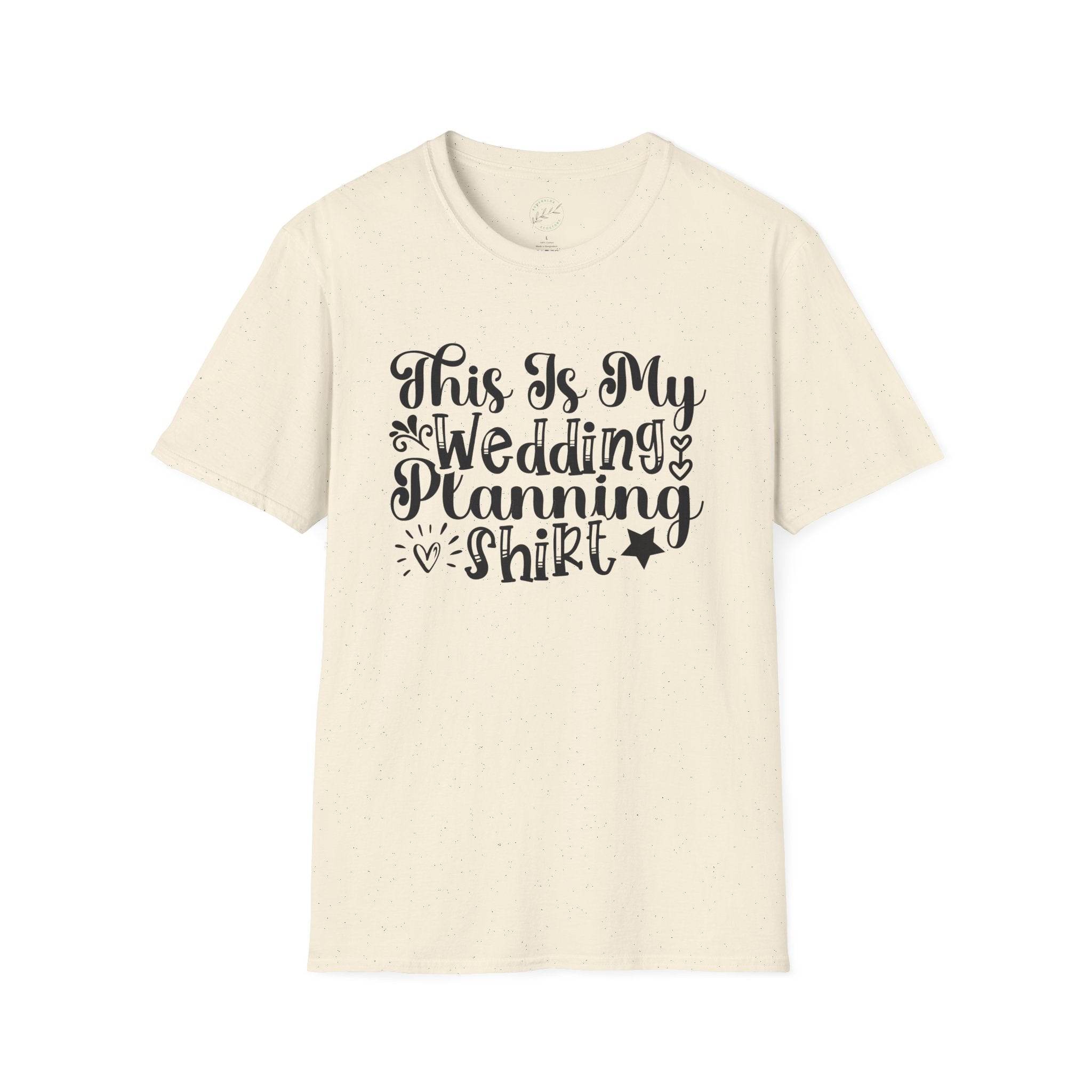 Printify cream speckled T shirt with black script This Is My Wedding Planning Shirt design eco-friendly wedding planning shirt