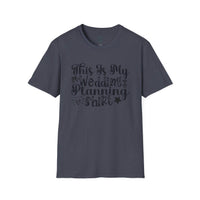 Printify eco-friendly wedding planning shirt dark charcoal crew neck tee with scripted front design