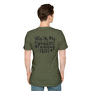 Back view of man wearing olive green eco-friendly wedding planning shirt with black script text
