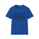 Printify blue t shirt with black script reading This Is My Wedding Planning Shirt eco-friendly wedding planning shirt