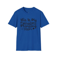 Printify blue t shirt with black script reading This Is My Wedding Planning Shirt eco-friendly wedding planning shirt