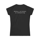Printify black fitted tee back view with white text being a princess is exhausting eco friendly women's t shirt