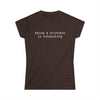 Printify eco friendly women's t shirt brown crew neck tee with white text reading being a princess is exhausting