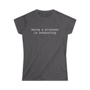 Charcoal fitted women's tee with white text reading being a princess is exhausting centered on chest eco friendly women's t shirt