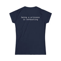 Printify navy back view eco friendly women's t shirt with white text being a princess is exhausting