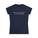 Printify navy blue tee with white text reading being a princess is exhausting eco friendly women's t shirt