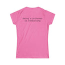 Printify pink women's t shirt back with black typewriter text reading being a princess is exhausting eco friendly women's t shirt