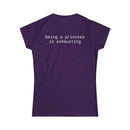Printify purple fitted tee with white back text being a princess is exhausting eco friendly women's t shirt for casual wear
