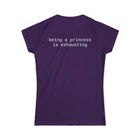 Printify purple fitted tee with white back text being a princess is exhausting eco friendly women's t shirt for casual wear
