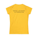 Printify eco friendly women's t shirt yellow short sleeve with back text saying being a princess is exhausting