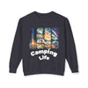 Printify eco-friendly camping sweatshirt dark crewneck with colorful camping life art showing tent camper and campfire