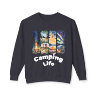 Printify eco-friendly camping sweatshirt dark crewneck with colorful camping life art showing tent camper and campfire