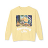 Printify eco-friendly camping sweatshirt pale yellow featuring campfire camper tent forest scenes and Camping Life text
