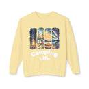 Printify eco-friendly camping sweatshirt pale yellow featuring campfire camper tent forest scenes and Camping Life text
