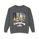 Printify gray sweatshirt featuring Camping Life panels with campfire trailer tent northern lights eco-friendly camping sweatshirt
