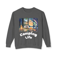 Printify gray sweatshirt featuring Camping Life panels with campfire trailer tent northern lights eco-friendly camping sweatshirt