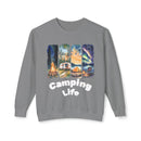 Printify eco-friendly camping sweatshirt gray crewneck featuring Camping Life print with camper tent campfire and aurora