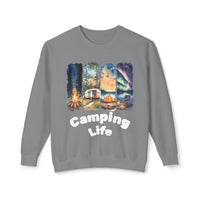 Printify eco-friendly camping sweatshirt gray crewneck featuring Camping Life print with camper tent campfire and aurora