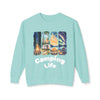 Printify teal sweatshirt with camping life graphic of campfire trailer tent stars aurora sky eco-friendly camping sweatshirt