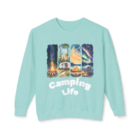 Printify teal sweatshirt with camping life graphic of campfire trailer tent stars aurora sky eco-friendly camping sweatshirt