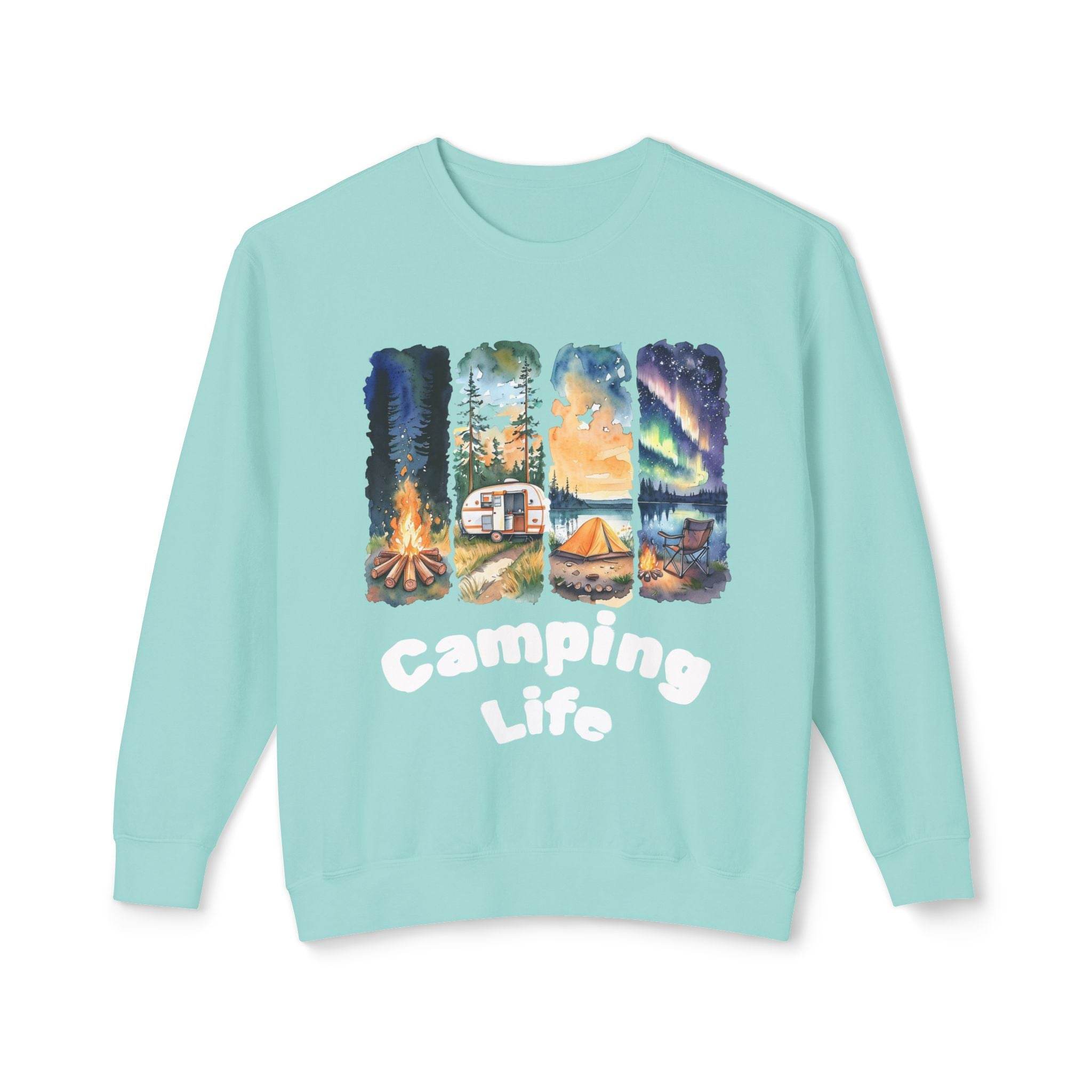 Printify teal sweatshirt with camping life graphic of campfire trailer tent stars aurora sky eco-friendly camping sweatshirt