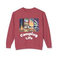 Printify maroon sweatshirt with Camping Life watercolor panels featuring campfire camper tent aurora eco-friendly camping sweatshirt