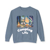 Printify eco-friendly camping sweatshirt light blue with campfire RV tent mountains aurora panels Camping Life print