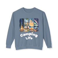 Printify eco-friendly camping sweatshirt light blue with campfire RV tent mountains aurora panels Camping Life print