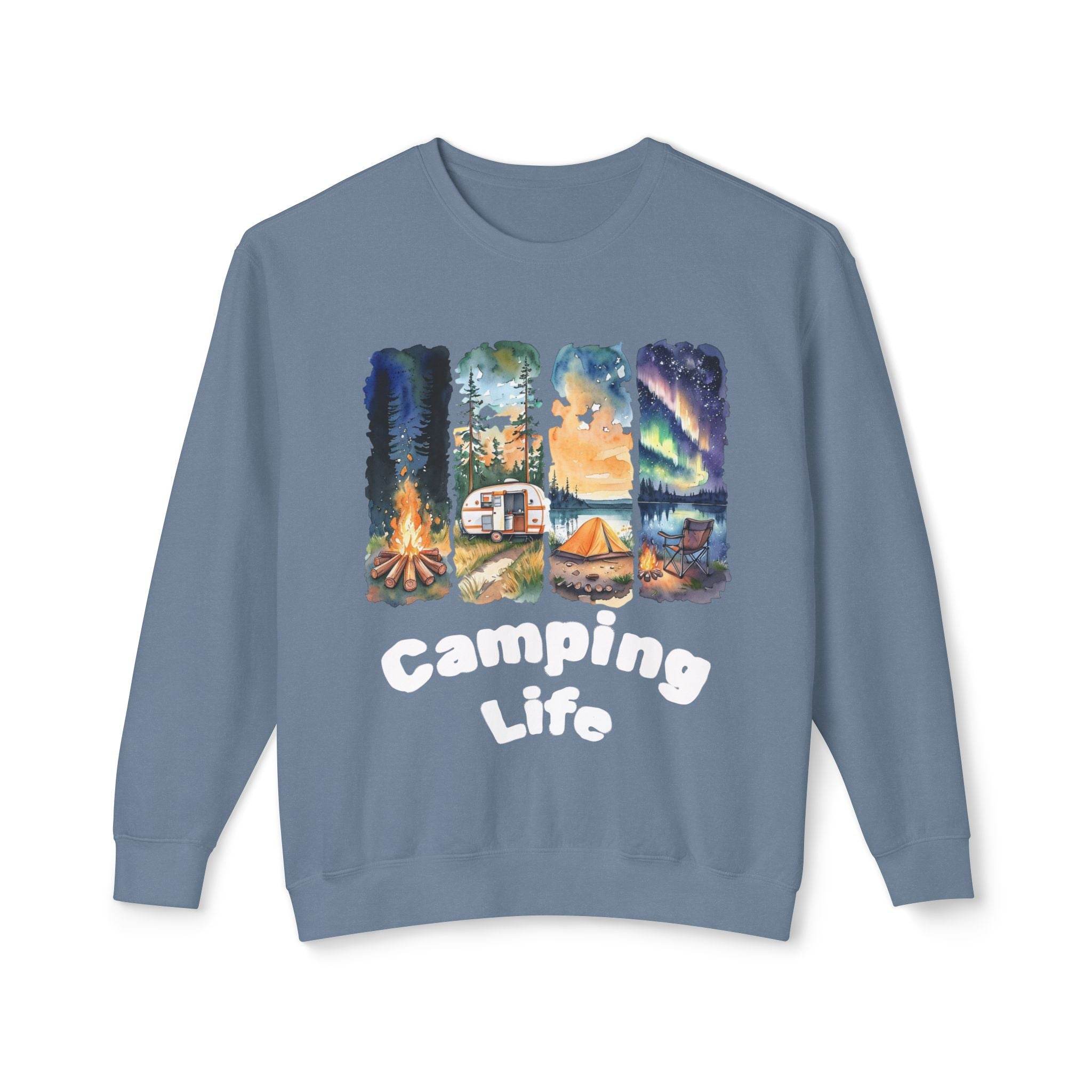 Printify eco-friendly camping sweatshirt light blue with campfire RV tent mountains aurora panels Camping Life print