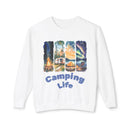 Printify eco-friendly camping sweatshirt white with watercolor camping panels tent camper campfire and Camping Life print