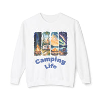 Printify eco-friendly camping sweatshirt white with watercolor camping panels tent camper campfire and Camping Life print