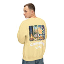 Printify eco-friendly camping sweatshirt cream yellow with large back camping scene camper tent campfire
