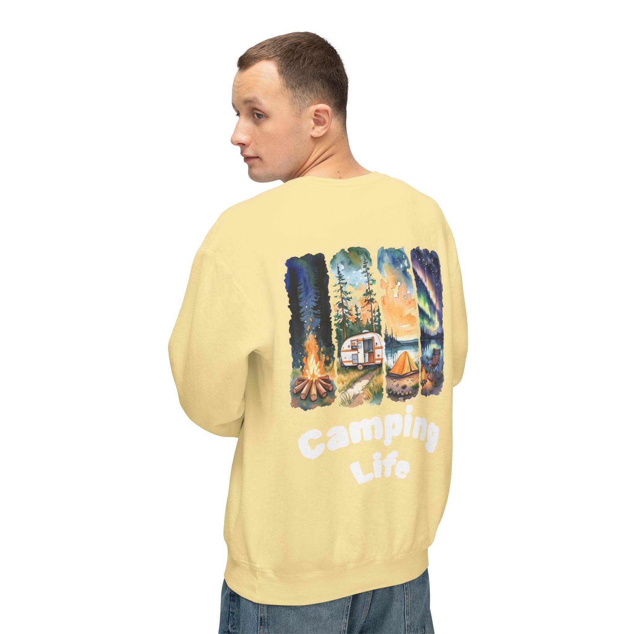 Printify eco-friendly camping sweatshirt cream yellow with large back camping scene camper tent campfire