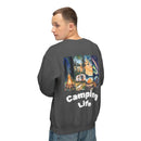 Printify eco-friendly camping sweatshirt dark gray back view with colorful camper tent campfire forest artwork