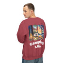 Printify eco-friendly camping sweatshirt maroon back view with Camping Life graphic showing campfire RV tent scenic panels