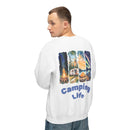 Male model wearing white eco-friendly camping sweatshirt with back camping graphic of campfire camper tent and Camping Life text