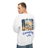 Male model wearing white eco-friendly camping sweatshirt with back camping graphic of campfire camper tent and Camping Life text