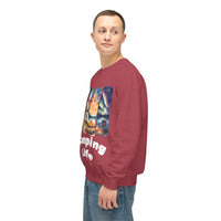 Printify maroon crewneck with colorful camping graphic worn by male model eco-friendly camping sweatshirt for outdoor trips